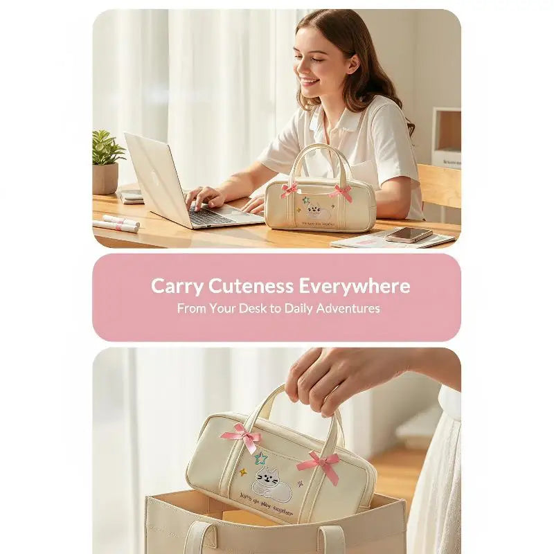 Bow Kitten Mini Tote Pencil Case: Beige kitten pencil case shown on a desk and carried by its handles 02