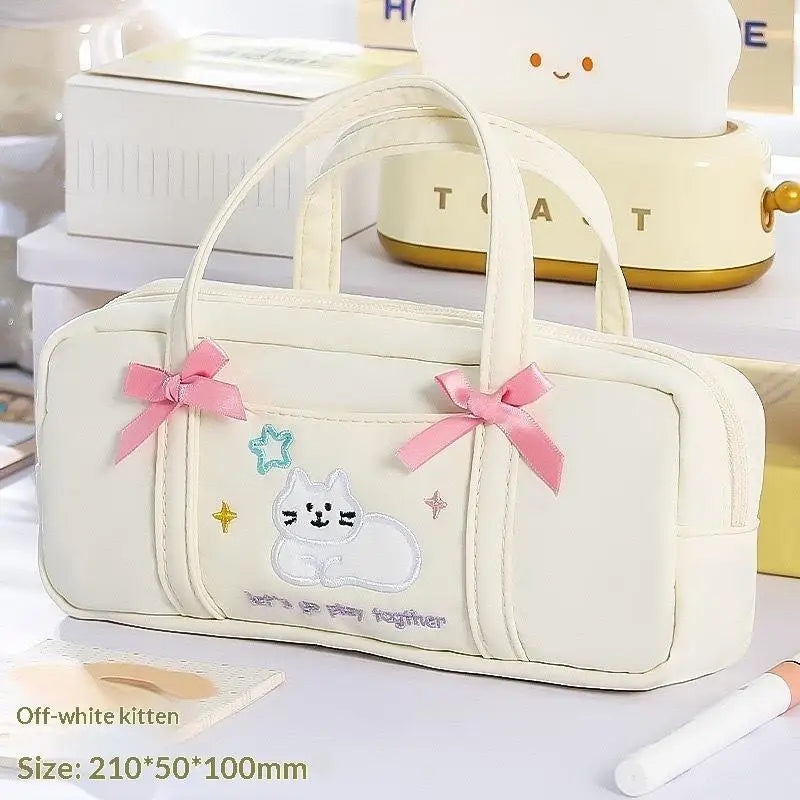 Bow Kitten Mini Tote Pencil Case: Beige kitten tote pencil case with pink bows and dimensions 09