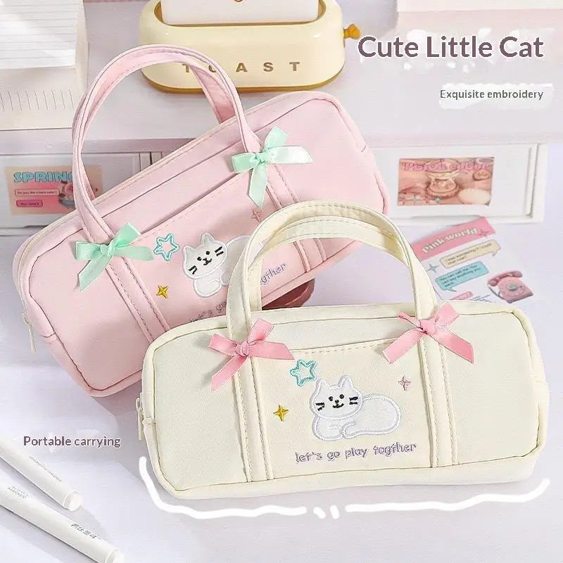 Bow Kitten Mini Tote Pencil Case: Kitten pouch detail showing bows and embroidery 05