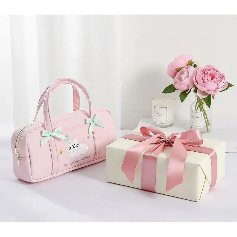 Bow Kitten Mini Tote Pencil Case: Pink kitten mini tote pencil case styled with flowers 01