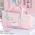Bow Kitten Mini Tote Pencil Case: Pink kitten tote pencil case with mint bows and dimensions 08