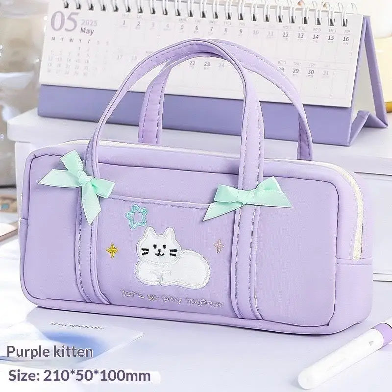 Bow Kitten Mini Tote Pencil Case: Purple kitten tote pencil case with mint bows and dimensions 07
