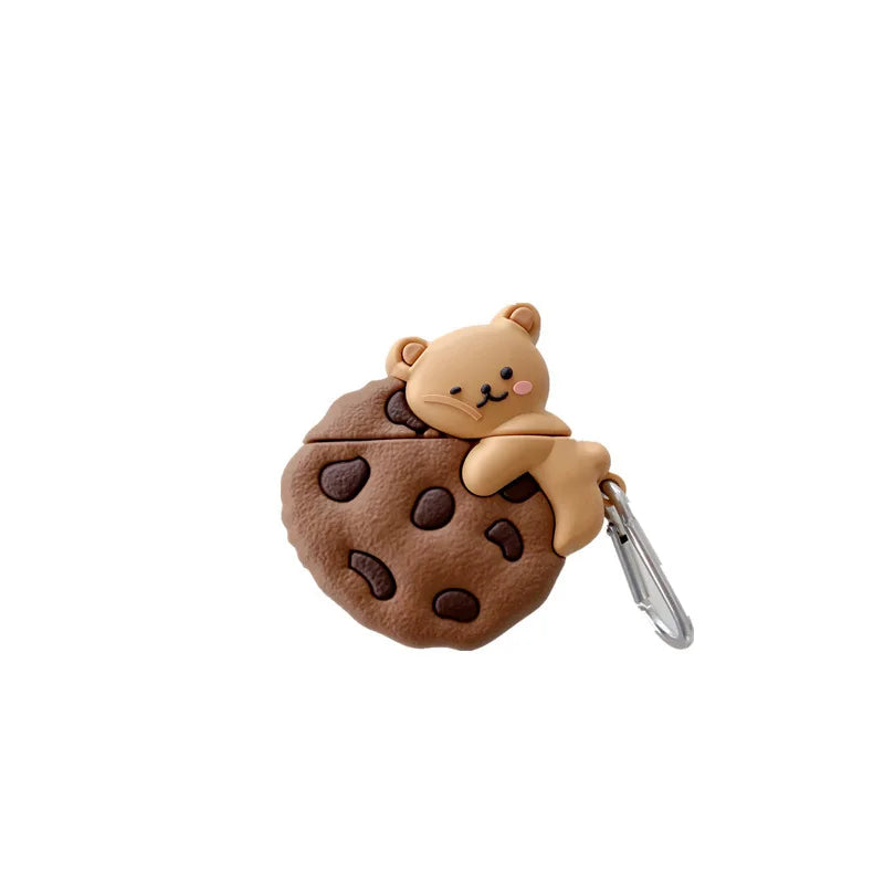 Teddy Bear Cookie AirPods Case: Brown teddy bear cookie airpods case and silvertone clip on white background