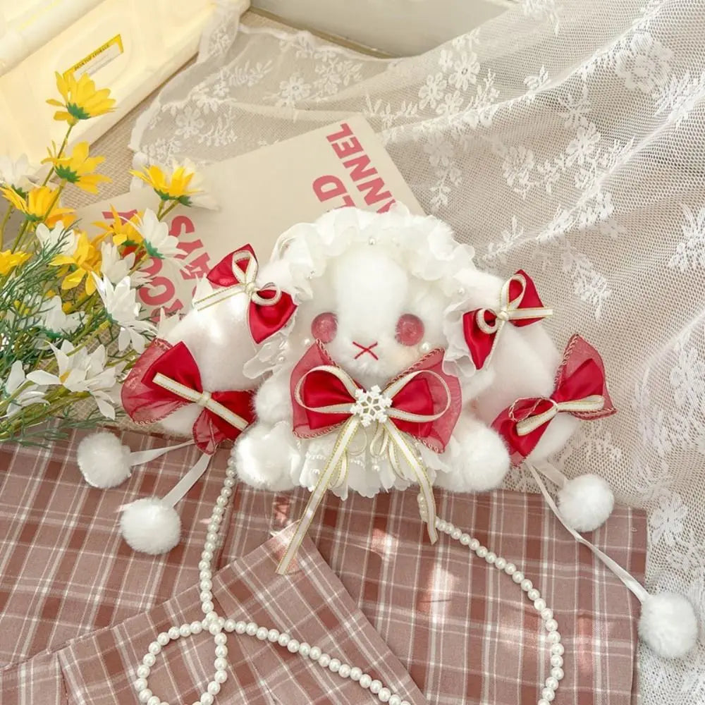 Lace Bow Bunny Plush Crossbody Bag: Burgundy bow bunny purse with white plush ears and lace ruffles