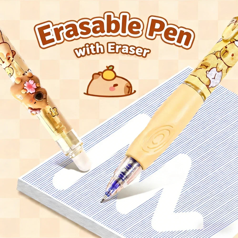 Capybara Erasable Gel Pen Set: 03 capybara gel pen tip and eraser demonstration