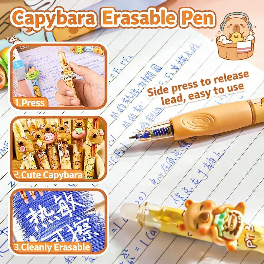Capybara Erasable Gel Pen Set: 05 capybara erasable pen diagram showing side press and erasing functions