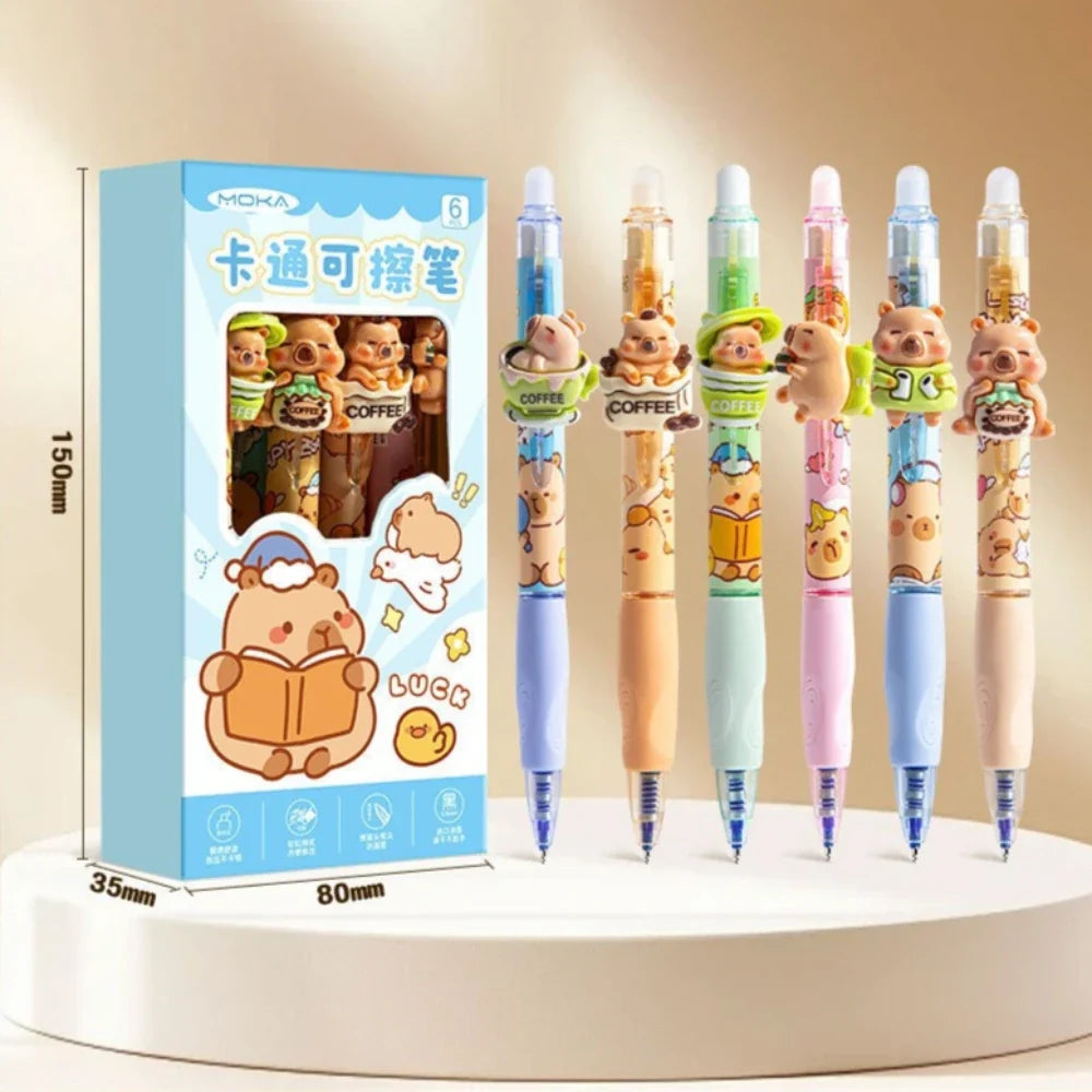 Capybara Erasable Gel Pen Set: 06 six pastel capybara gel pens displayed upright beside their box