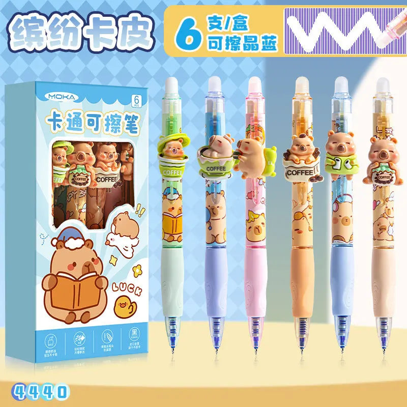 Capybara Erasable Gel Pen Set: 07 pastel capybara six pen assortment with blue ink illustration