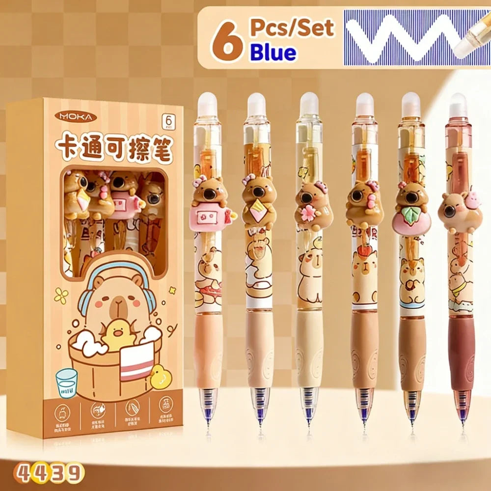 Capybara Erasable Gel Pen Set: 08 brown capybara six pen assortment with blue ink illustration