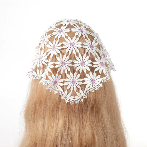 White daisy triangle headscarf with purple flower centres