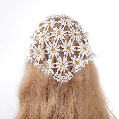 White daisy triangle headscarf with yellow flower centres