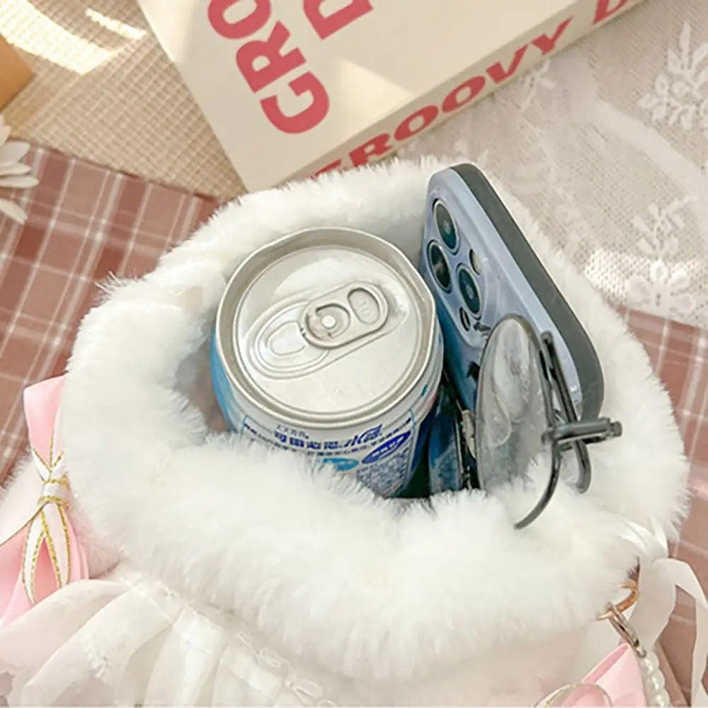 Lace Bow Bunny Plush Crossbody Bag: Open bunny purse showing the single main interior space