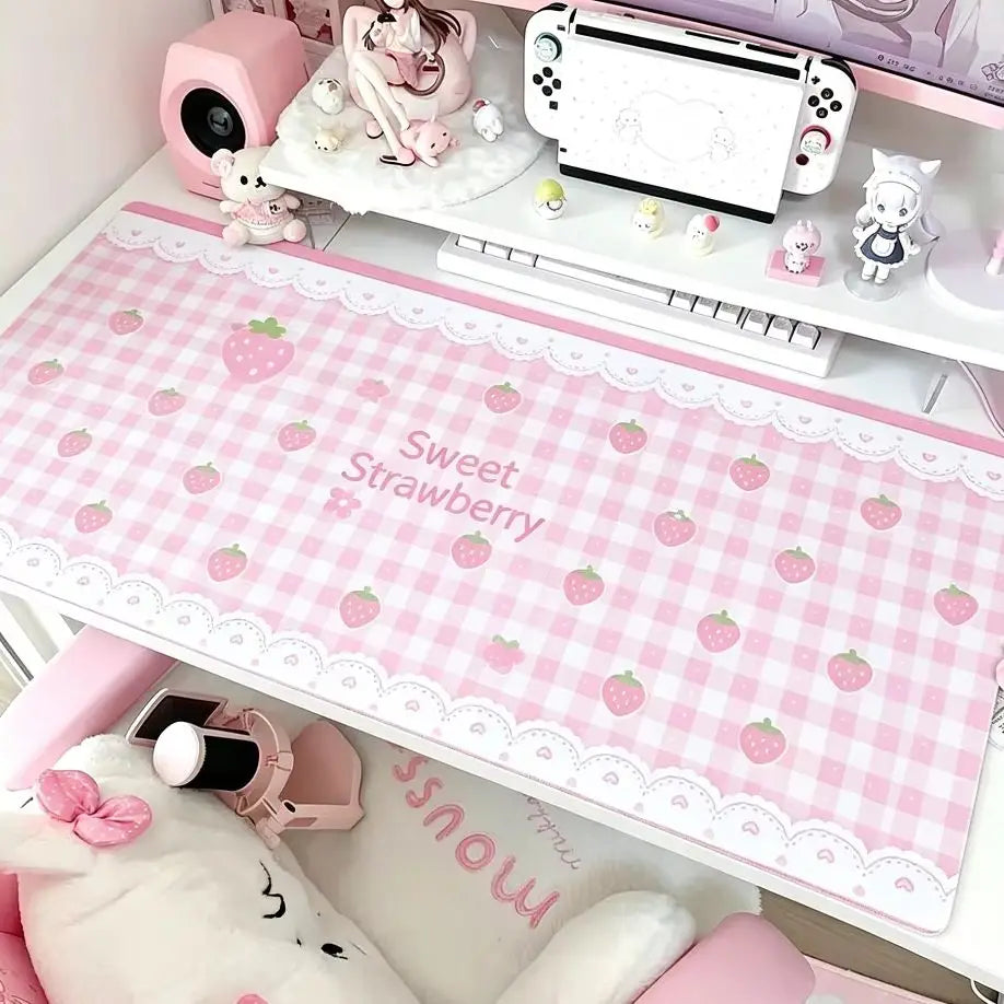 Pink Strawberry Bow Desk Mat