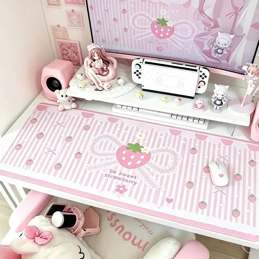 Pink Strawberry Bow Desk Mat