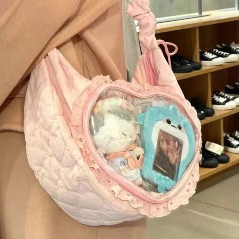 Quilted Heart Window Ita Hobo Bag: 01 pink quilted heart window bag carried with a