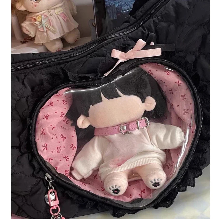 Quilted Heart Window Ita Hobo Bag: 05 black quilted ita bag with lace around a