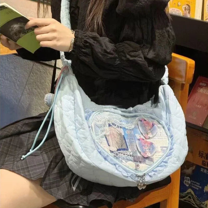 Quilted Heart Window Ita Hobo Bag: 06 blue heart window hobo bag worn at the