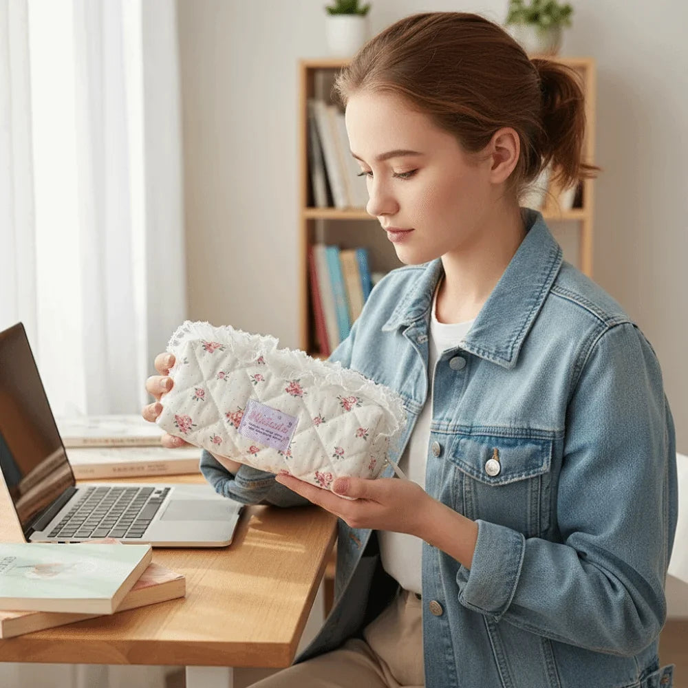 Quilted Ruffle Pencil Case: A person seated beside a laptop looks down at a floral ruffle 16