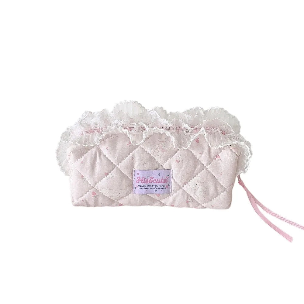 Quilted Ruffle Pencil Case: The pale pink rabbit pencil case is isolated on white diamond quilting 20