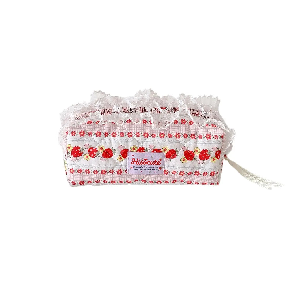 Quilted Ruffle Pencil Case: The strawberry pencil case is shown on white without measurement arrows rows 22
