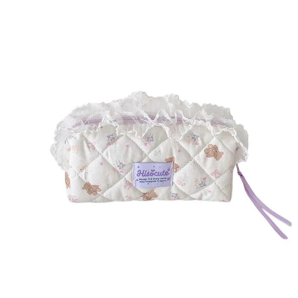 Quilted Ruffle Pencil Case: The white bear print pencil case is isolated on white diamond quilting ruffled 23