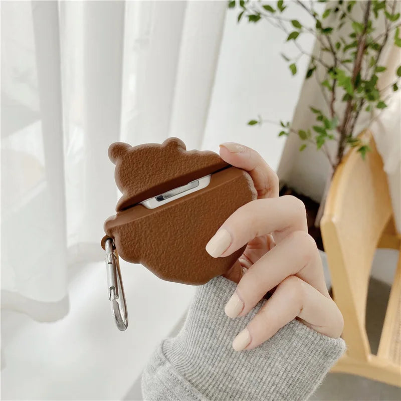 Teddy Bear Cookie AirPods Case: Rear view of bear cookie airpods cover with hinged charging case open