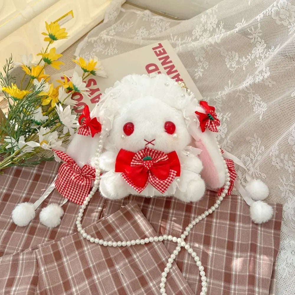 Lace Bow Bunny Plush Crossbody Bag: Red gingham bow bunny plush purse with bright red eyes