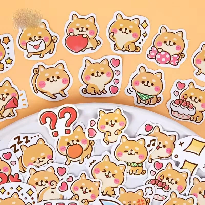 Rosy Puppy Sticker Box: Assorted kawaii puppy stickers with expressive poses on an orange background