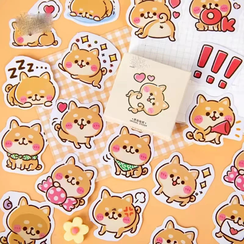 Rosy Puppy Sticker Box: Puppy sticker assortment with sleeping heart and snack designs around the box