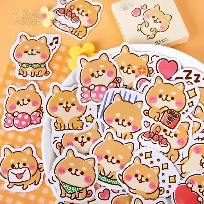 Rosy Puppy Sticker Box: Rosy puppy stickers with hearts and snacks spread beside their small box