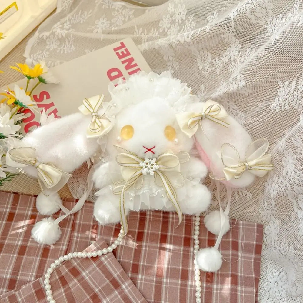 Lace Bow Bunny Plush Crossbody Bag: Yellow bow bunny purse showing pale ribbon accents and matching eyes